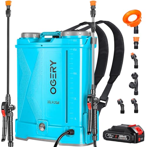 OGERY Battery Powered Backpack Sprayer 4 Gallon, 2.6Ah 21V Battery Electric Sprayer with 6 Nozzles, Telescopic Stainless - Detailed View