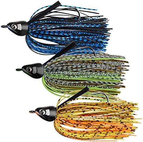 MadBite Swim Jig Fishing Lures, Heavy Brush Guard, Silicone Skirt, Sticky-Sharp Heavy-Wire Needle Point Hooks, Popular 3/8 oz Sizes, 3 pc Multi-Color Kits, Includes Storage Box, Muddy Water