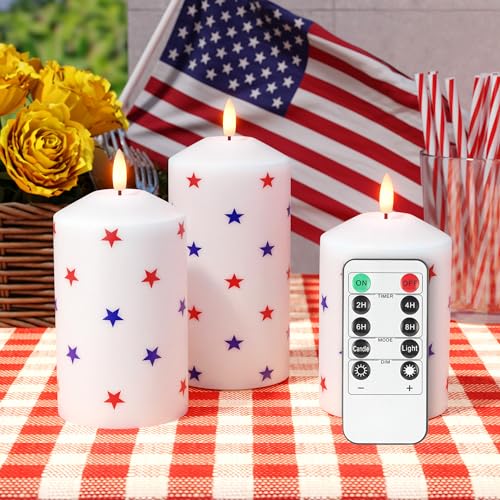 Image of Patriotic Red White and Blue Star Candles, Real Wax 4th of July Led Candles, Flickering Flameless Candles with Remote, Memorial Day Flameless Pillar Candles for Patriotic Holiday Decor