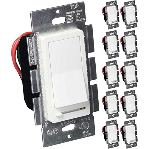 3-Way White Dimmer Switch, Single Pole, Decora, Rocker Switch, Slide Dimmer, 150W LED, for Dimmable LED, Fluorescent and Incandescent Lights, 10 Pack