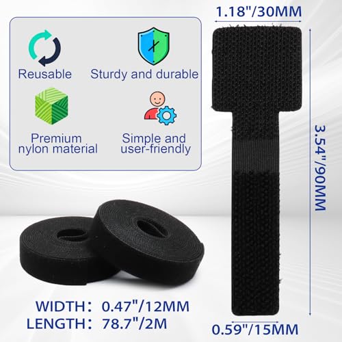 Kit de gestión de cables, 40 ataduras, negro | Cinta auto adhesiva resistente con gancho y bucle, 2 correas de extensión extra largas, para escritorio, oficina en casa y taller miniatura 3