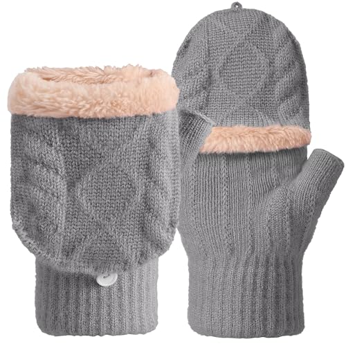 Tavaleu Womens Winter Fingerless Gloves for Men Women Convertible Thermal Knit Touchscreen Gloves with Flip Cover