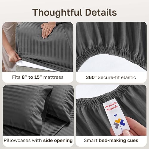 Image of Luxury Split King Size Sheets For Adjustable Bed, 100% Cotton 500 Thread Count Sateen, Snug Fit, Set With Twin-XL Fitted Sheets, Damask Stripe Sheet Sets & Pillowcases (Split King, Stripe - Grey)