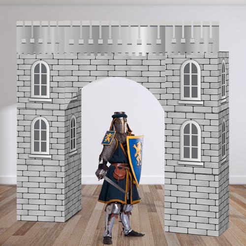 Bucherry 9 Pcs Medieval Party Decorations Knight Cardboard Castle Playhouse Large Medieval Knight Kid Boy Birthday Party Decor 43 x 51 Stone Wall Fort for Halloween Trunk or Treat Car Decorations Kit