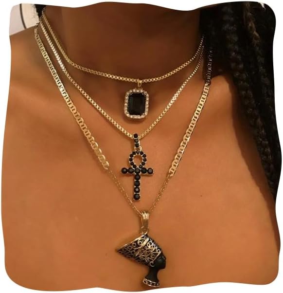 Ckecharfa Boho Africa Layered Necklaces Gold Gothic Nefertiti Egyptian Queen Pendant Necklace Gemstone Choker Necklaces Rave Party Adjustable Neck Chain Jewelry for Women