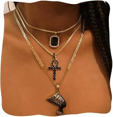 Ckecharfa Boho Africa Layered Necklaces Gold Gothic Nefertiti Egyptian Queen Pendant Necklace Gemstone Choker Necklaces Rave Party Adjustable Neck Chain Jewelry for Women