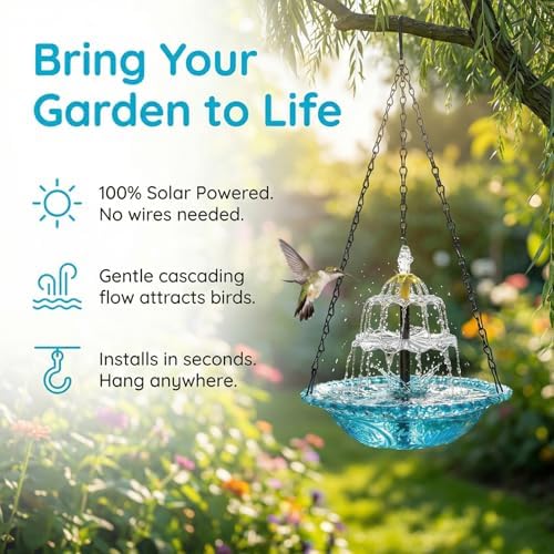 Solar Powered Hanging Bird Bath Fountain, Hanging Bird Bath Fountains Solar Power Outdoor Solar Powered Bird Bath for Deck Patio Yard Lawn, Attracts Hummingbirds,Blue — view 2