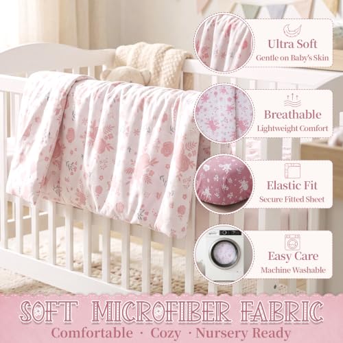 Image of Hahafelt 4 Pieces Crib Bedding Set for Girls and Boys, Soft Baby Bedding Set Including Crib Skirt, Comforter, Sheet and Diaper Stacker for Nursery(Antique Rose)