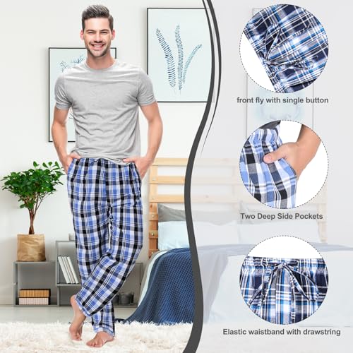 Image of 3 Pack Mens Cotton Pajamas Pants Lounge Pjs Bottoms Sleepwear Bottoms Soft Pants with Pockets Drawstring(Brown, Blue, Black,M,Plaid)