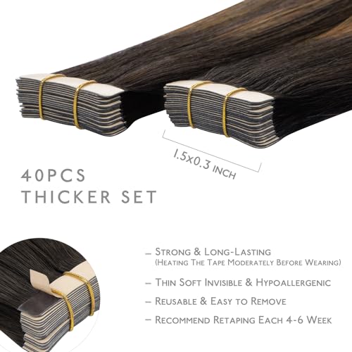 Image of WENNALIFE Tape in Hair Extensions Human Hair, 40pcs 100g 22 inch Balayage Dark Brown Mixed Chestnut Brown Hair Extensions Real Human Hair Straight Tape in Extensions Invisible Human Hair Extensions