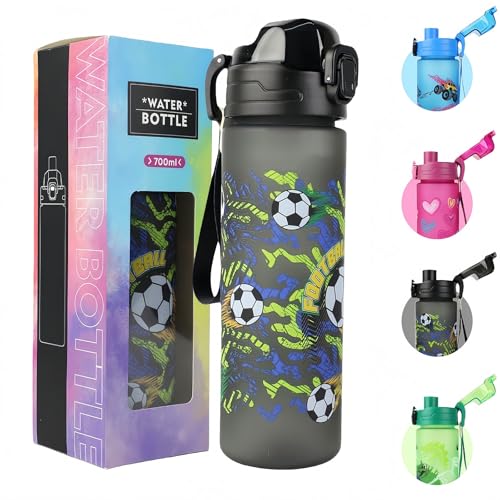 MHwan Kids Water Bottles, 700ml, Leakproof, Durable and Drop-resistant, Suitable for Carbonated Drinks, BPA-Free, One-Touch Opening, Easy to Clean, Ideal for Boys' School and Outdoor (Football Design)