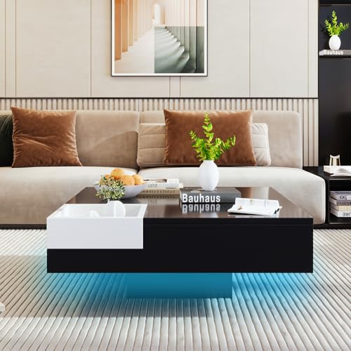 Table basse carrée laquée noire et blanche 72cm avec LED et coffre amovible - 6