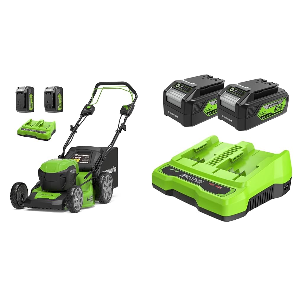 Greenworks 48V (2x24V) Tagliaerba Semovente a Batteria per Prati Fino a 480m² & Batterie 24V e Caricabatterie Doppio Slot - Due Batterie Ricaricabili 4Ah