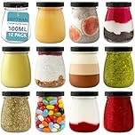 HEFTMAN Small Glass Jars with Lids - Set of 12 100ml Empty Airtight Glass Shot Bottles with Lids Travel Size Leak-Proof Pudding Pots, Yogurt Pots, Mini Honey Jars, Small Jam jars with Lids (100ml)