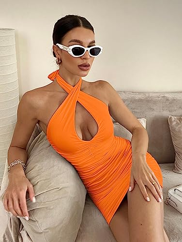 Image of BEAGIMEG Women's Sexy Bodycon Sleeveless Criss Cross Ruched Halter Mini Dress Party Club Dress