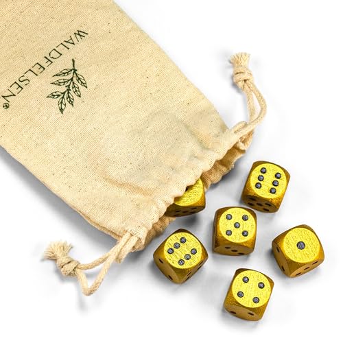 Waldfelsen - Waldfelsen 6, 12, 20, 30 oder 50 hochqualitative Holzwürfel aus echtem Buchenholz Augenwürfel Spielwürfel aus Holz in 16 mm Standardwürfel mit Stoffbeutel Würfelset (Gold, 6 Stück)