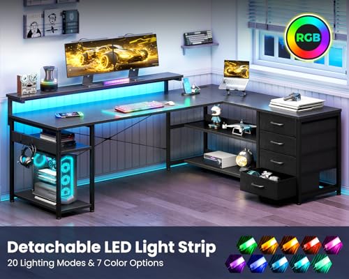 Image of AODK 61 Inch L Shaped Computer Desk with 4 Drawers, LED Lights, Black