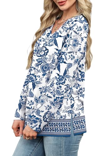 WIHOLL Women's Long Sleeve Shirts 2025 Trendy Early Fall Fashion Outfits Split Hem V Neck Fall Clothes3