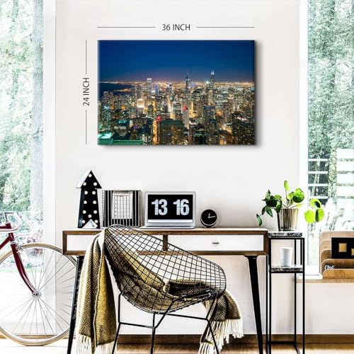 Image of AREBOLO Chicago Skyline Wall Art America Famous City Night View Paintings Canvas Prints Cityscape Buildings Wall Decor Bedroom Decorations Modern Posters Framed Large Artwork 24x36 Ready to Hang