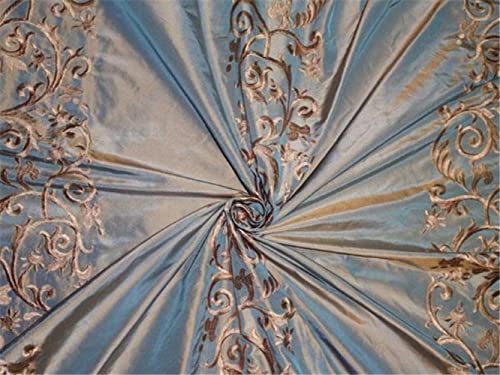 Taffetas de soie beige bleu glacé doré broderie tissu haute couture TAF#E11