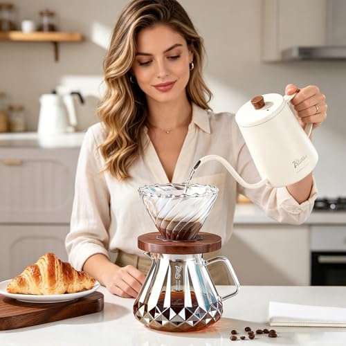 Image of Bincoo Pour Over Coffee Maker&Dripper, Style Cone Filter + 600ml Glass Coffee Server, Manual Coffee Brewer Set, Reusable Coffee Filter Holder, Great Gift for Coffee Enthusiasts(Colorful)