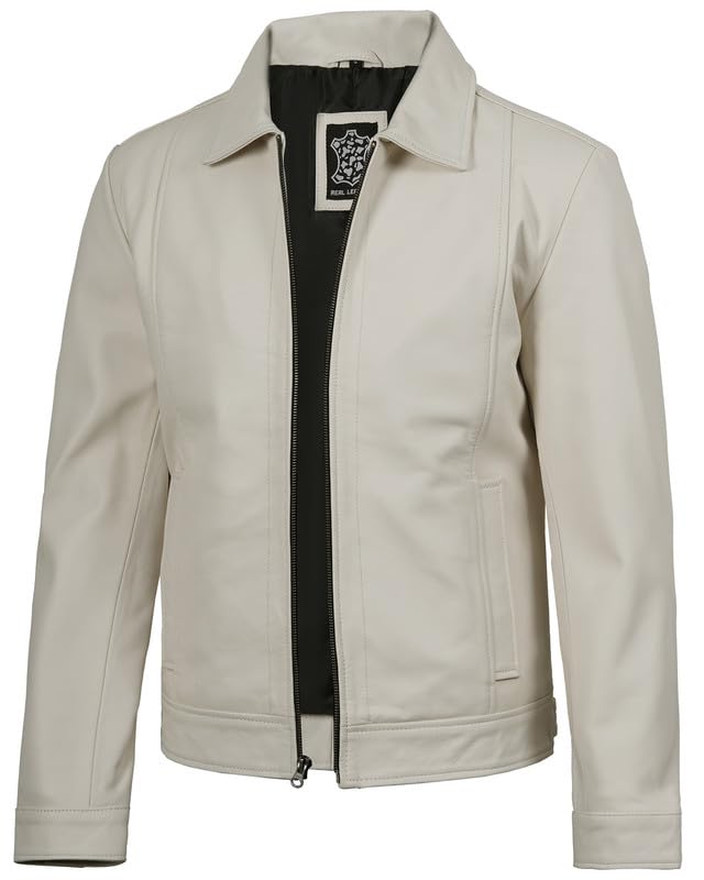Image of Blingsoul Disc White Leather Jacket Men Real Lambskin | [1124096] Jose Off White, XXL