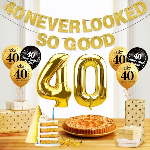 Image of 40th Birthday Decorations for Men Women, Black Gold 40 Never Looked So Good Banner 40 Foil Balloons Happy 40th Birthday Party Supplies 9 PCS