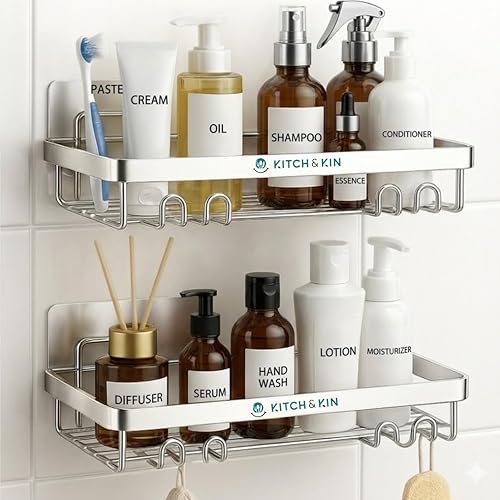 Image of KITCH & KIN 2-Piece Stainless Steel Bathroom & Washroom Organizer Shelf - Dual Mount Wall Storage Rack with Self Adhesive or Drill Option, Space-Saving Kitchen Organiser