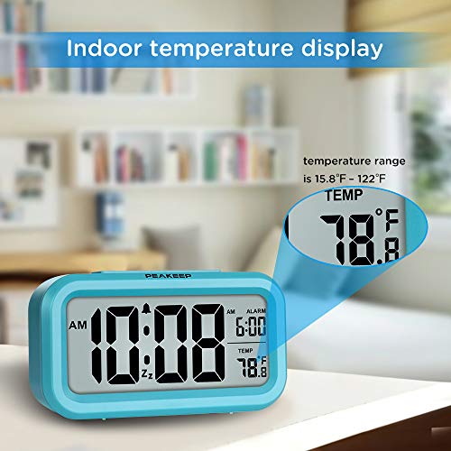 Image of Peakeep Night Light Digital Alarm Clock Battery Operated with Indoor Temperature, Desk Small Clock (Blue)