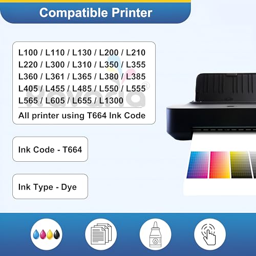 Image of T664 / 664 Compatible Ink for Epson L100, L110, L130, L200, L210, L220, L300, L310, L350, L355, L360 L361, L365, L380, L385, L405, L455, L485, L550, L565 Printer (T664 Ink Set + 1 Black Extra)