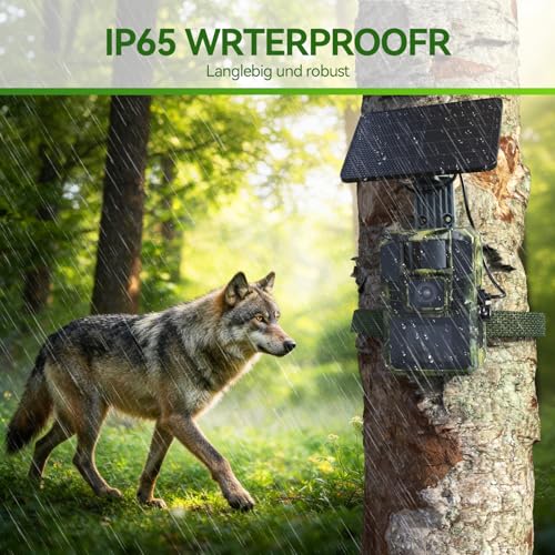 WLAN Solar Wildkamera 4K 48MP mit Handyübertragung APP, Wildtierkamera mit Nachtsicht Bewegungsmelder Eingebaute 5200mAh Lithium-Batterie,64GB SD Karte, 0.1s Auslöser Bewegungsaktiviert, IP65