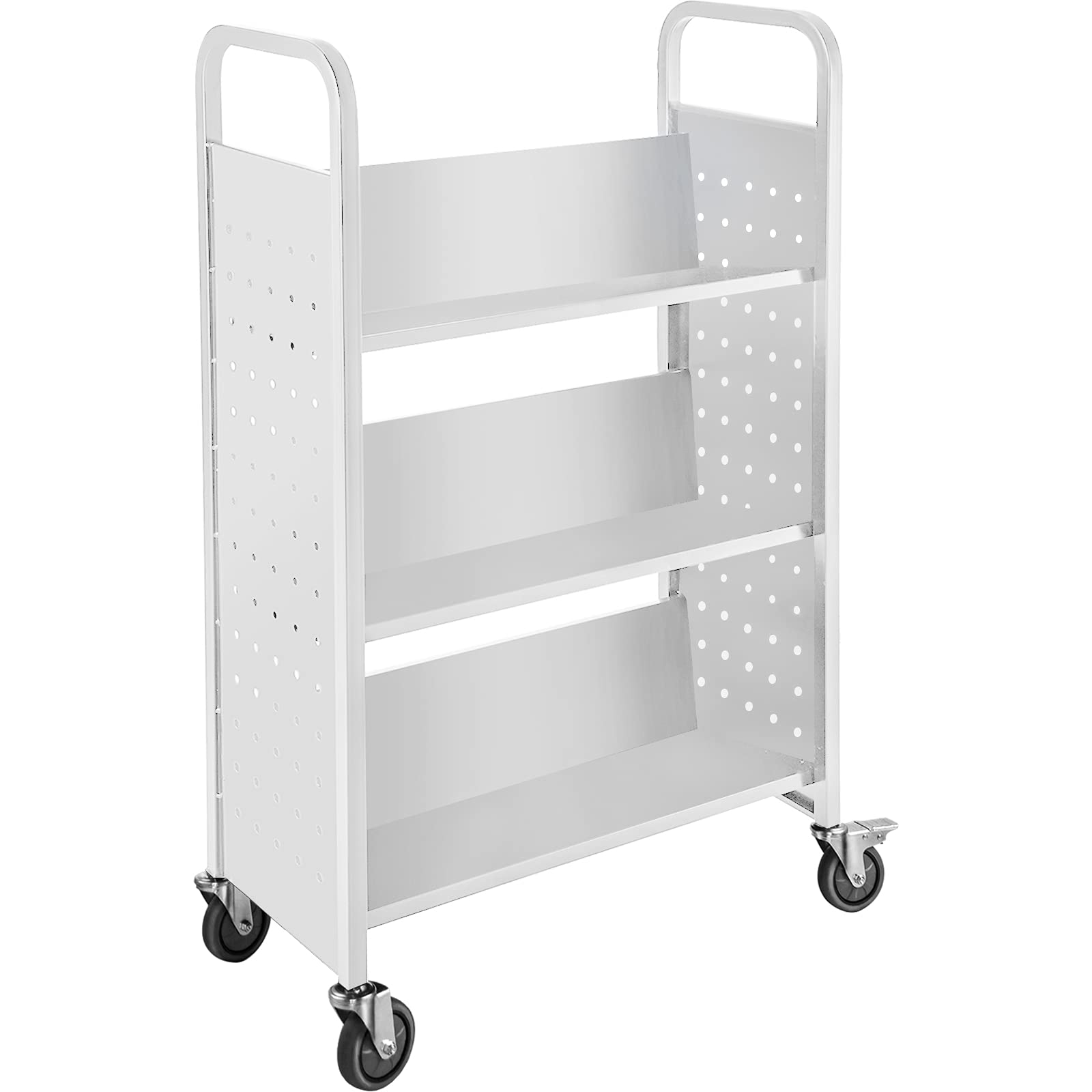 VEVOR Carrito Blanco para Libros con Ruedas Carro con Estantes Inclinados en Forma de V de un Solo Lado, 1250 x 750 x 350 mm, Carga de 90 kg, Carro de Libros para Biblioteca, Oficina, Escuela, Casa