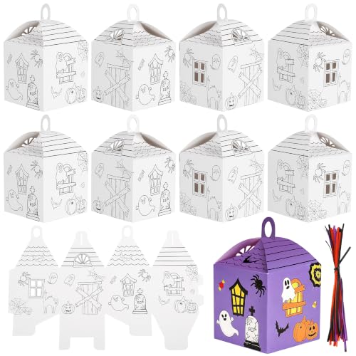 Koeilay 24 Set Halloween Haunted House Lantern Crafts with Hanging Ropes, Color Your Own House Boxes, Halloween Treat Gift Boxes and DIY Spooky Hanging Ornaments for Holiday Activities Decorations