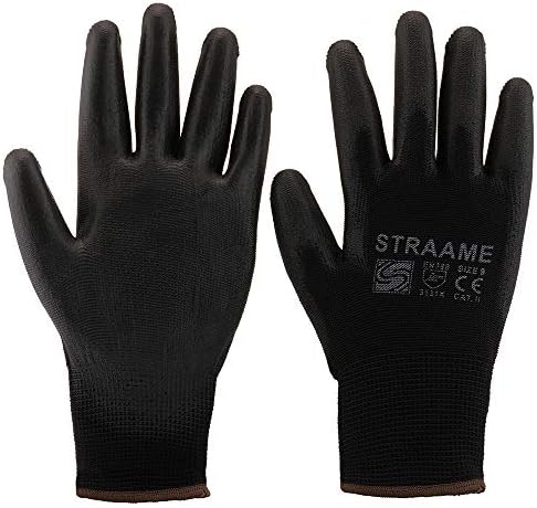 Straame Pack of 12 or 24 Black Safety Work Gloves, Outdoors PU and Nylon Non-Slip Work Handling Gloves, Good Dexterity Protective Gloves (Large - Size 9, 24 Pairs)