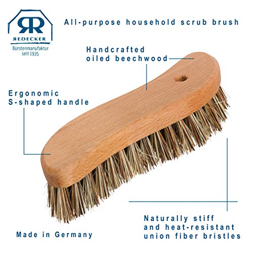 Redecker S-Shaped Union Fiber Scrub Brush With Oiled Beechwood Handle, 8-1/4 Inches, Unique Shape Easily Reaches Corners, Resilient Natural Bristles, Made In Germany #TOP3