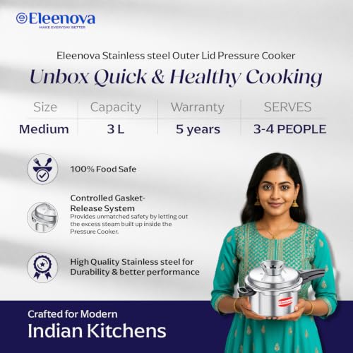 Image of Eleenova Legacy Stainless Steel Pressure Cooker 3 Litre | Anti Spill Design | Gas Stove and Induction Compatible | Outer Lid SS Pressure Cooker | ISI Certified | 5 Year Warranty
