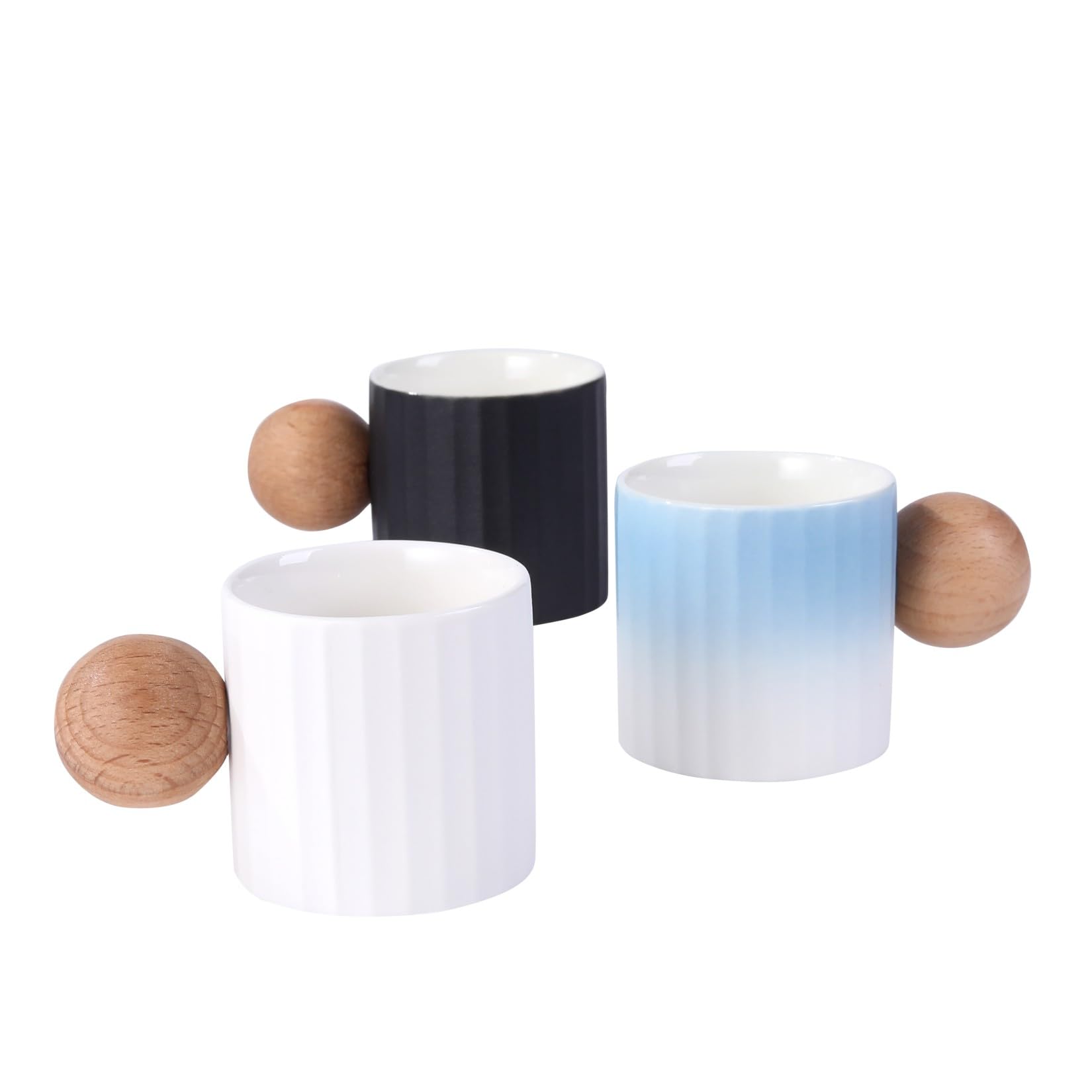 Espressotassen aus Keramik, 2er-Set, 57 ml, Mini-Espressotassen, runder Holzgriff, Streifen, Demitasse-Tassen für Tee oder Kaffee (2, weiß)