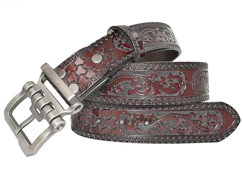 PACDE Western Retro Cowboy Ceinture en cuir véritable Cuir de vachette Jeans Fleur Gaufrage Ceinture Homme, 4011zk Coffee, 125 cm