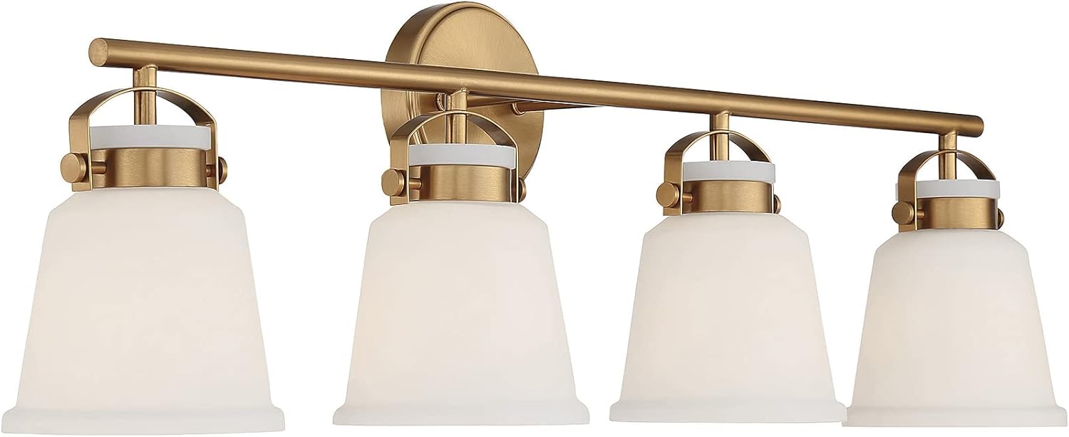 Savoy House 8-1627-4-322 Kaden Industrial Traditional White Opal Glass Bathroom Vanity Wall Light, 4-Light 240 Total Watts, 11" H x 34" W, Warm Brass