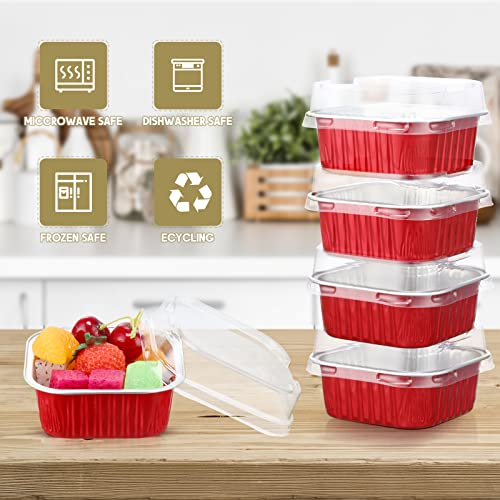 100 Pcs Square Foil Cupcake Liners With Lids 5Oz Aluminum Foil Baking Cups Disposable Ramekin Muffin Cups Desserts Cupcake Container For Party Holiday Celebration, Red Silver Color #TOP1
