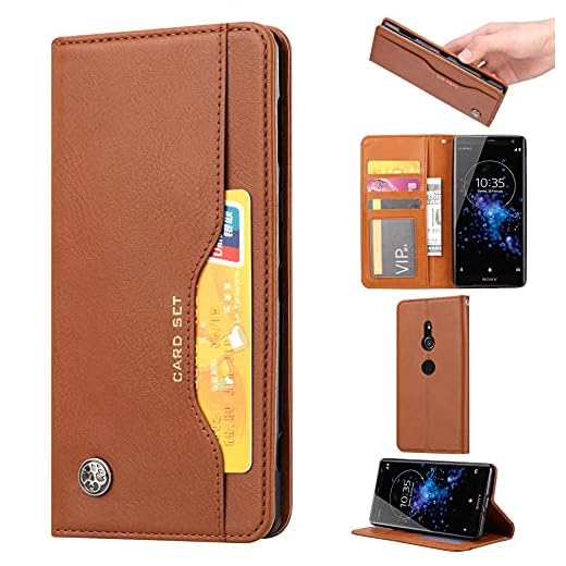 Telefon Flip Case Läder plånboksfall för Sony Xperia XZ3 Läderkåpa med kortplats Kickstand ShockoProof Soft TPU Inre skal Smartphone Back Cover (Color : Brown)