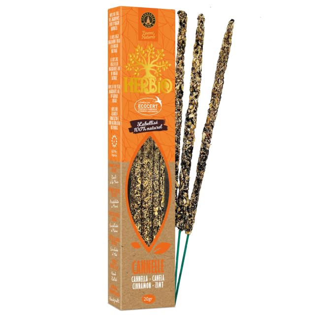 Fragrances & Sens – Natürliche Zimt Räucherstäbchen Herbio, Handgemacht, Ecocert-Zertifiziert, Lange Brenndauer (60 Min)