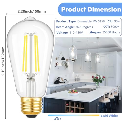 Image of 6-Pack 7W Dimmable LED Light Bulbs, 60Watt Equivalent Edison Bulbs, 850LM Ultra Bright LED Bulbs, 5000K Daylight White, ST58 Vintage Antique Bulbs, E26 Medium Base, CRI90+, Clear Glass, No-Flicker