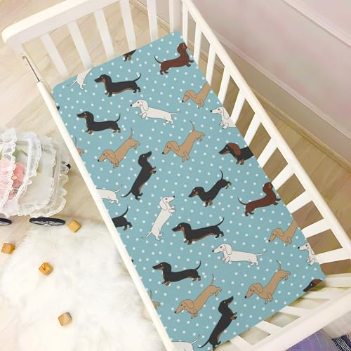 Image of Dachshund Dogs Polka Dots Blue Fitted Crib Sheet for Boys Girls Baby Crib Bedding Set for Crib Mattress,52 X 28 in