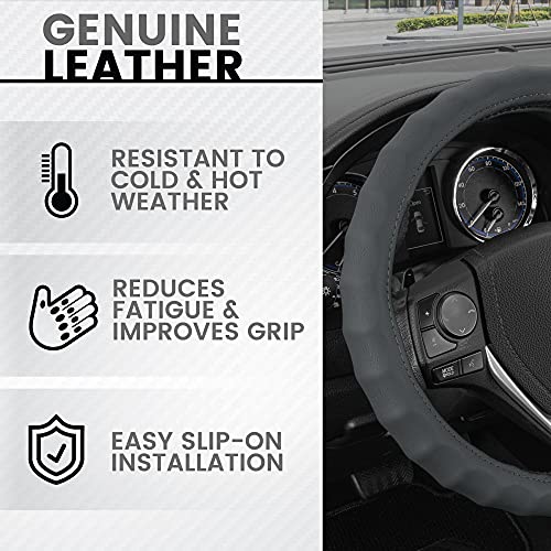 Image of BDK Genuine Gray Leather Steering Wheel Cover for Car, Small 13.5-14 inch - Ergonomic Comfort Grip for Men & Women, Car Steering Wheel Cover for Vehicles with Small Steering Wheels