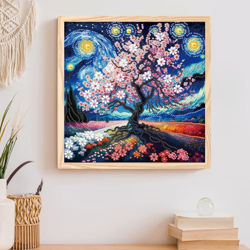Image of AiYuanzsh 5D Special Shape Diamond Art Kits for Adults, Cherry Blossom Tree Diamond Painting Kit, Starry Sky Style Crystal Rhinestone Diamond Art for Wall Decor Gift, 12x12 Inch