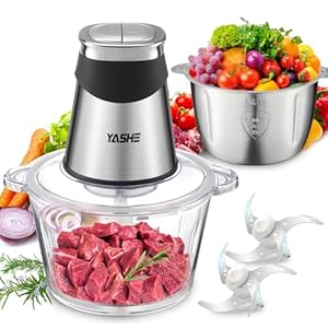 YASHE Tritatutto Elettrico 1,8L+2L, Robot da Cucina con Contenitori in Vetro e Acciaio Inox, Tritacarne 500W con 2 Velocità e 2 Set di Lame