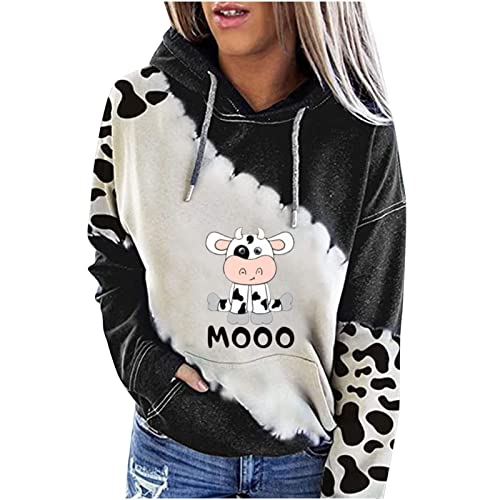 Fall Clothes For Women Cute Cow Print Color Block Long Sleeve Pocket Hoodie Teen Girls Oversized Winter Warm Loose Lightweight Hooded Open Front Cardigan Jacket Coat Tops Pullover(Red,X-Large) #TOP23
