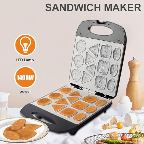 1400W Cookies Maker, Non-Stick Mini Waffle Biscuit Maker, Double-sided Heating/Make 4 Different Shaped Pancakes/Makes 13 Cookies, for Snacks, Desserts