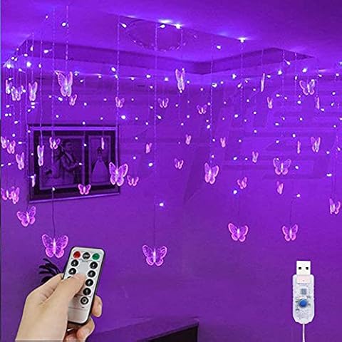 YOLIGHT Butterfly Curtain Lights 4m 96 LED Fairy Lights 8 Modes with Remote Control, Hanging Butterfly String Lights for Room Girls Garden Ceiling Wall Party Wedding Christmas Decoration(Purple) Cover